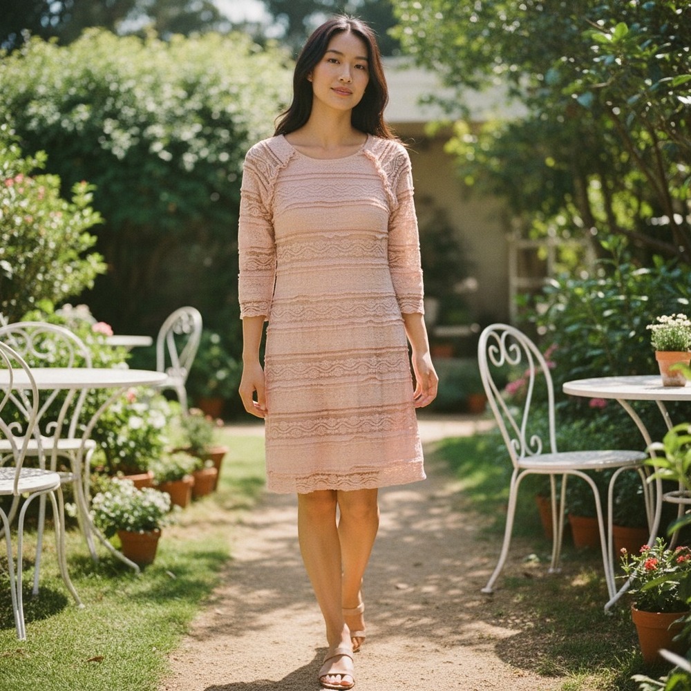 Avec Les Filles Pink Lace Sheath Dress 3/4 Sleeve Size M Blush Tiered Boho